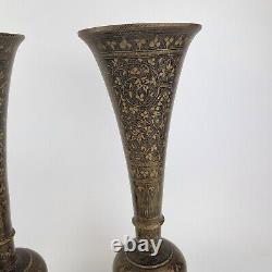 Vintage Pair Indian Brass Trumpet Vases With Black Enamel Bidriware Style 35cm