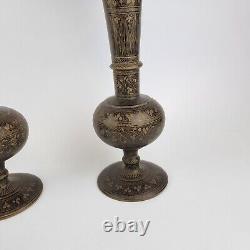 Vintage Pair Indian Brass Trumpet Vases With Black Enamel Bidriware Style 35cm