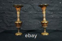 Vintage Pair of Brass Decorative Indian Flower Vases with Floral Decoration