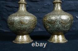 Vintage Pair of Brass Decorative Indian or Middle Eastern Flower Vases / Display
