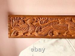 Vintage Peacock Dragon Plaque Wall Wooden Panel Floral Hand Carved Estate decor
