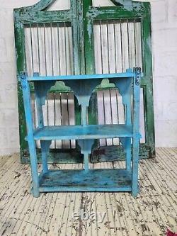 Vintage Reclaimed Indian Hand Made Blue Wooden Temple Wall Display Shelves