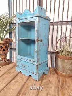 Vintage Rustic Blue Indian Wooden Glazed Display Bathroom Kitchen Wall Cabinet