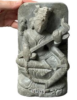 Vintage Saraswati Statue Hand Carved Indian Stone Goddess Of Speech & Learning