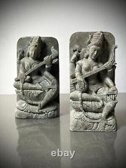 Vintage Saraswati Statue Hand Carved Indian Stone Goddess Of Speech & Learning