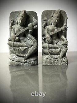 Vintage Saraswati Statue Hand Carved Indian Stone Goddess Of Speech & Learning