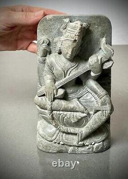 Vintage Saraswati Statue Hand Carved Indian Stone Goddess Of Speech & Learning