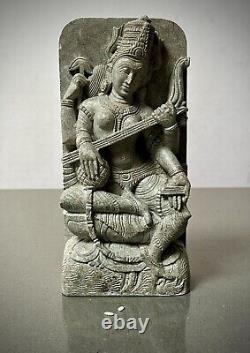 Vintage Saraswati Statue Hand Carved Indian Stone Goddess Of Speech & Learning