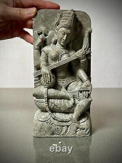 Vintage Saraswati Statue Hand Carved Indian Stone Goddess Of Speech & Learning