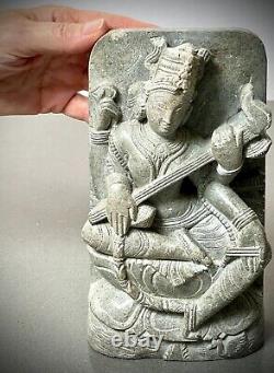 Vintage Saraswati Statue Hand Carved Indian Stone Goddess Of Speech & Learning