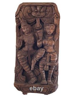 Vintage Shiva & Parvati Wooden Hand Carved Wall Hanging Hindu 23.5 God Goddess