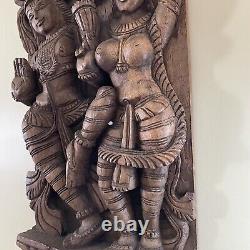 Vintage Shiva & Parvati Wooden Hand Carved Wall Hanging Hindu 23.5 God Goddess