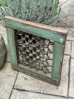 Vintage Small Indian Teak Wooden Iron Window Jali Screen Salvaged in Rajasthan
