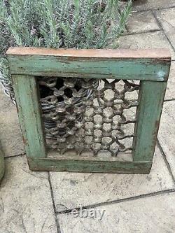 Vintage Small Indian Teak Wooden Iron Window Jali Screen Salvaged in Rajasthan