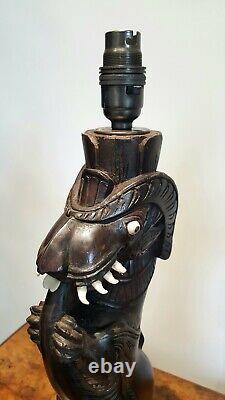 Vintage Southeast Asian Indonesian carved ironwood rewired dragon table lamps