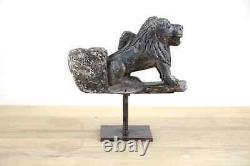 Vintage Stone carved Lion Figurine Candle Holder on Iron stand Indian Antique