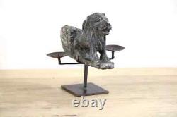 Vintage Stone carved Lion Figurine Candle Holder on Iron stand Indian Antique