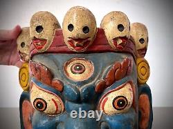 Vintage Tibetan Blue Mahakala The Protector Mask. Ring Of Five Skulls. Nepal
