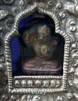 Vintage Tibetan silvered copper Ghau / Gau portable prayer shrine in carry case