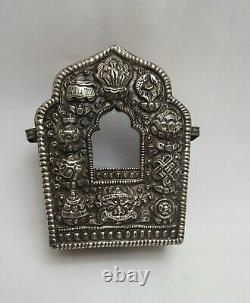 Vintage Tibetan silvered copper Ghau / Gau portable prayer shrine in carry case