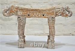 Vintage Wooden Elephant Face Side Stool Bench Fine Hand Carved White Rustic