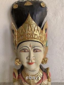 Vintage Wooden Hand Carved Painted Indian Woman Figure Statue