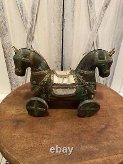 Vintage Wooden Horse Statuette Hand tooled Brass Bronze Tika Box 8