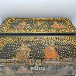 Vintage Wooden Storage Box with Clasp Indian Design with Dancing Women 15.5