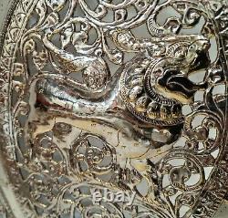 Vintage silvered or chromed pierced brass wall hanging plaque of Asian origin