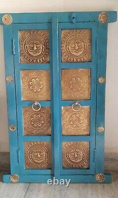 Vintage style wooden blue window brass god sun fitting Indian wall 2 doors frame