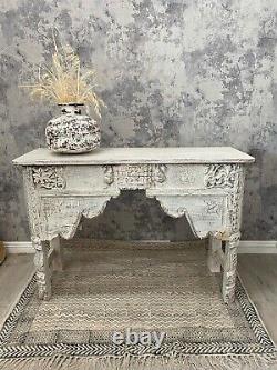 Vintage whitewashed Indian carved Console table