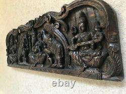 Vintage wooden carved Wall Panel Hindu God Ganesh Laxmi Saraswati Decor Antique