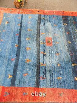 Vintage, wool, hand knotted, rectangle, red, yellow, Indian, large, rug, carpet, 9' x 8