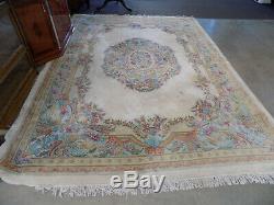 Vintage, wool, rectangle, oriental, room size, carpet, floral, 9' x 12', large rug, cream