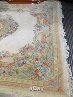 Vintage, wool, rectangle, oriental, room size, carpet, floral, 9' x 12', large rug, cream