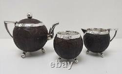 Vtg 1890s Indian Burmese Solid Silver & Coconut Shell Teapot Sugar Bowl Milk Jug