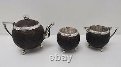 Vtg 1890s Indian Burmese Solid Silver & Coconut Shell Teapot Sugar Bowl Milk Jug