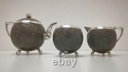 Vtg 1890s Indian Burmese Solid Silver & Coconut Shell Teapot Sugar Bowl Milk Jug