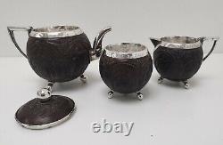 Vtg 1890s Indian Burmese Solid Silver & Coconut Shell Teapot Sugar Bowl Milk Jug