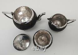 Vtg 1890s Indian Burmese Solid Silver & Coconut Shell Teapot Sugar Bowl Milk Jug