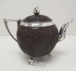 Vtg 1890s Indian Burmese Solid Silver & Coconut Shell Teapot Sugar Bowl Milk Jug