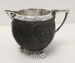 Vtg 1890s Indian Burmese Solid Silver & Coconut Shell Teapot Sugar Bowl Milk Jug