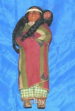 Vtg Antique Skookum Indian Composition And Wood Doll, Mother W Papoose Baby