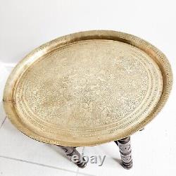 Vtg Moorish Indian Folding Wooden Table Oval Brass Decorative Tray Top Nephilim