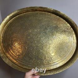 Vtg Moorish Indian Folding Wooden Table Oval Brass Decorative Tray Top Nephilim