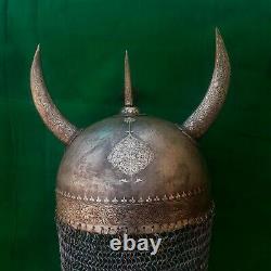 Vtg mughal islamic silver damascened Devil Horn iron khula khud helmet chainmail