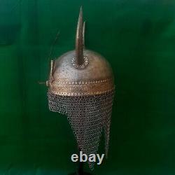 Vtg mughal islamic silver damascened Devil Horn iron khula khud helmet chainmail