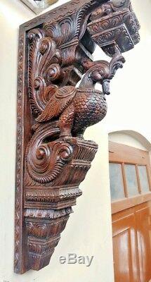Wall Peacock Bracket Corbel Pair Vintage Wooden Bird Sculpture Statue Art Decor