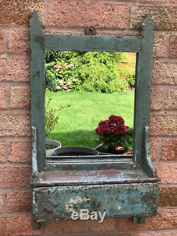 Wooden Vintage Indian Bathroom Mirror With Drawer Distressed Turquoise Paint