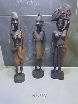 X3 Vintage Handcrafted Wooden Women / Man Figurine Indian, Afric Traditional Deco